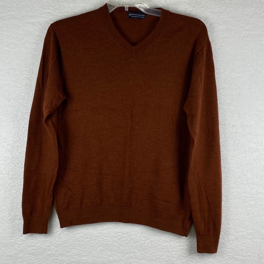 Hart Schaffner Marx Mens L Rust Brown 100% Extra Fine Merino Wool V-Neck Sweater